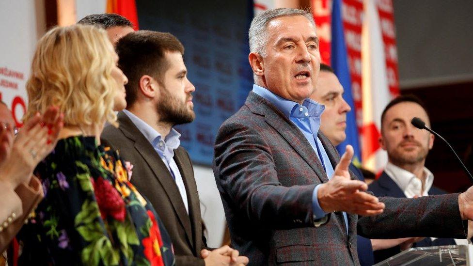 Milo Djukanovic, President of Montenegro and a candidate from the Democratic Party of Socialists, speaks at his party's headquarters, on the day of the presidential election run-off, in Podgorica, Montenegro, April 2, 2023.