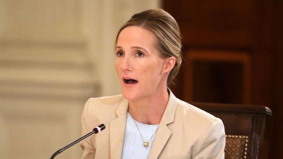 Facebook Head of Global Safety Antigone Davis speaks during a roundtable discussion on cyber safety and technology hosted by U.S. first lady Melania Trump in the State Dining Room at the White House March 20, 2018 in Washington, DC.