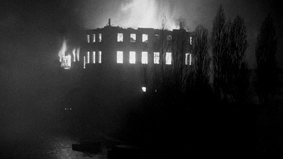 York Guildhall on fire after German raid in WWII