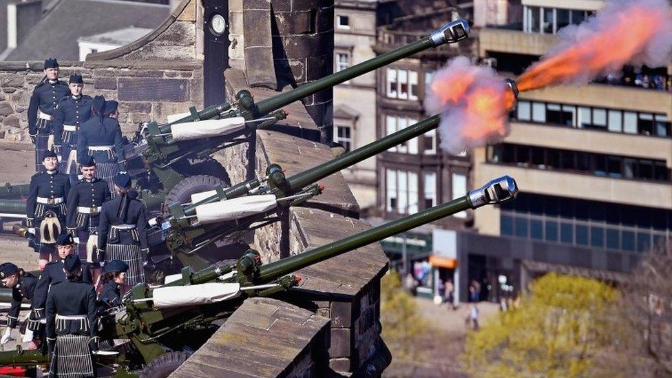 Officer Cadets from Tayforth University Officer Training Corps fire a 21-gun salute to mark the 90th birthday of the Queen on Mills Mount Battery at Edinburgh Castle