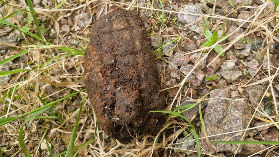 Rusted and muddy World War Two grenade lying on grass and stones