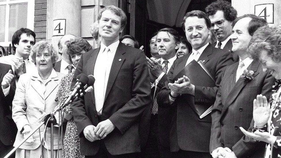 Paddy Ashdown at a presser after being elected leader of the Lib Dems