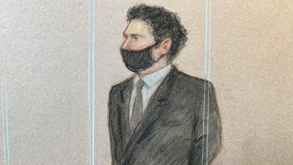 Court artist sketch of Metropolitan Police officer David Carrick, in the dock at Woolwich Crown Court