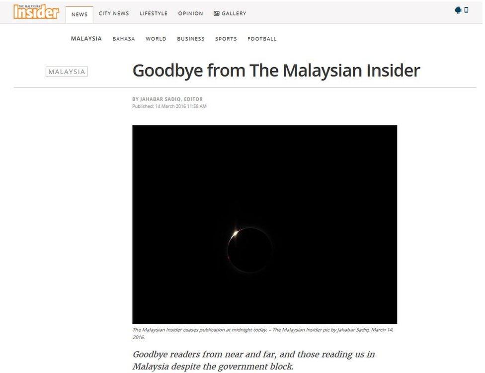 Screencap of farewell message on The Malaysian Insider captured on 14 March 2016