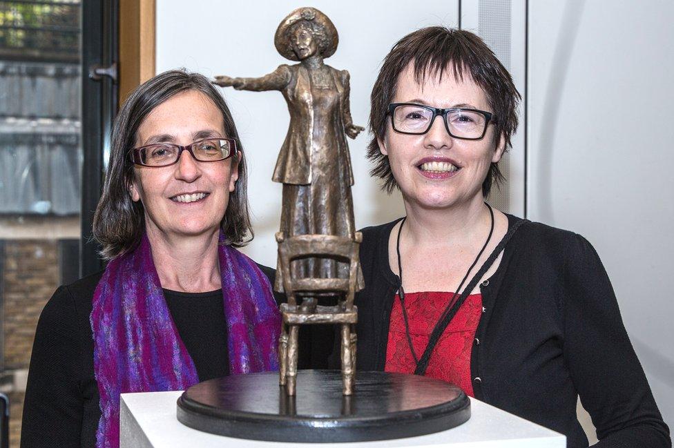 Helen Pankhurst and Hazel Reeves with Emmeline Pankhurst statue maquette