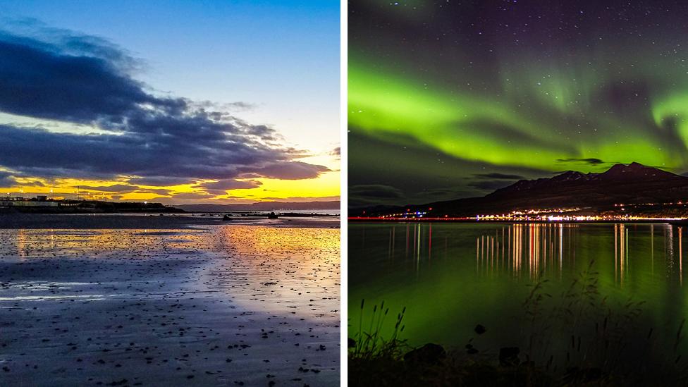 Composite of sunset over a beach and aurora borealis