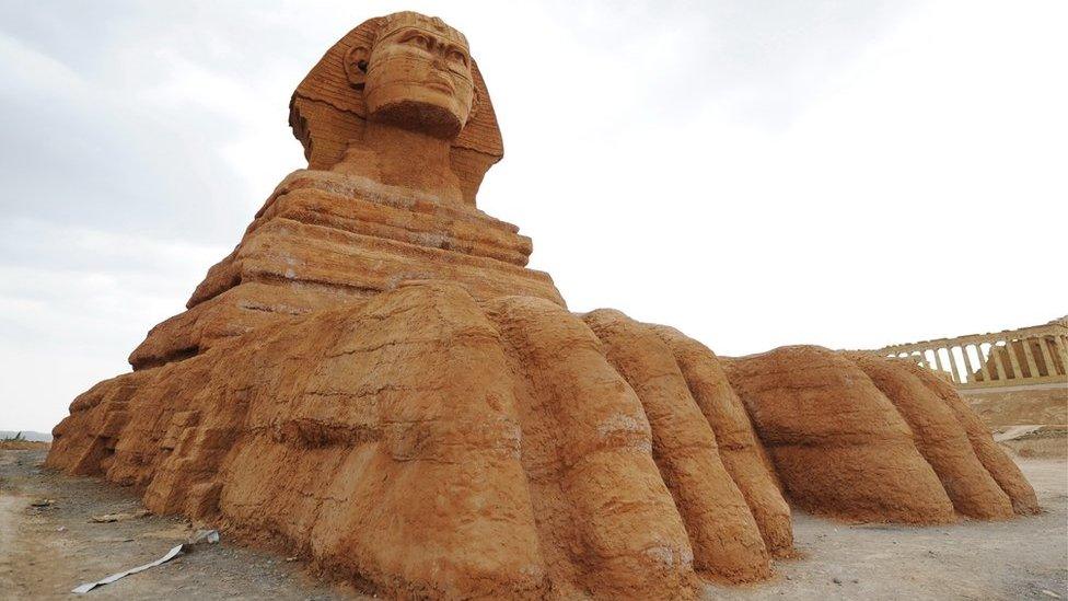 A replica of the Great Sphinx of Giza at the Lanzhou Silk Road Cultural Relics Park in Lanzhou city, 31 May 2016.