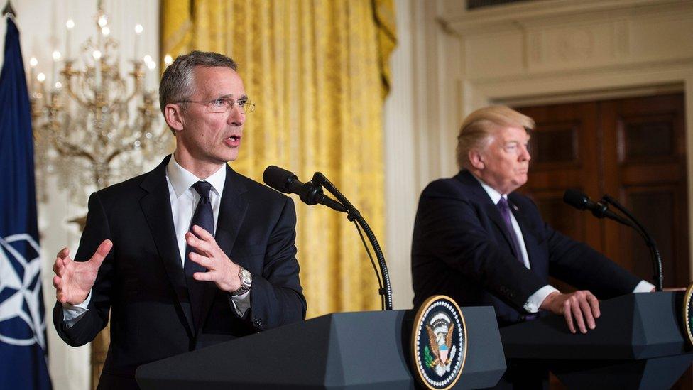 NATO Secretary General Jens Stoltenberg (L) and US President Donald Trump hold a joint press conference in the East Room at the White House in Washington, DC, on April 12, 2017