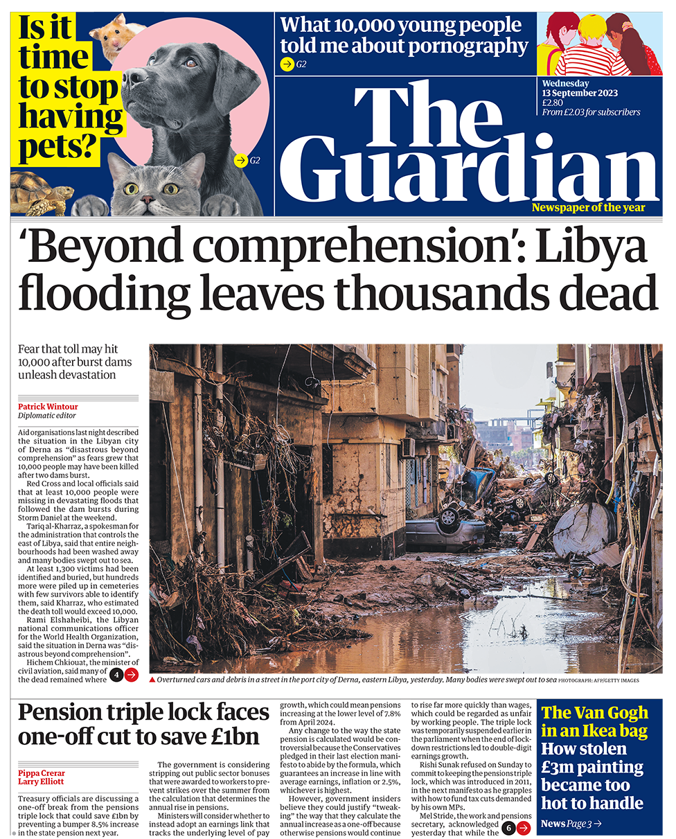 Front page of the Guardian