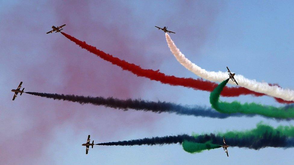 Al-Fursan aerobatics team of the United Arab Emirates Air Force performs at the Dubai Airshow on 8 Nov 8, 2015.