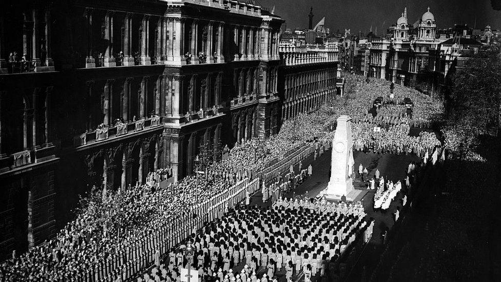 A Remembrance Sunday service at the Cenotaph in Whitehall, London, circa 1945.