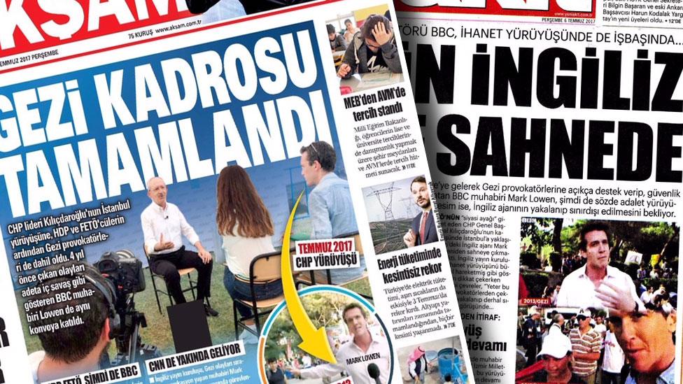 A composite image shows our correspondent Mark Lowen on the pages of tabloid-style papers, in Turkish