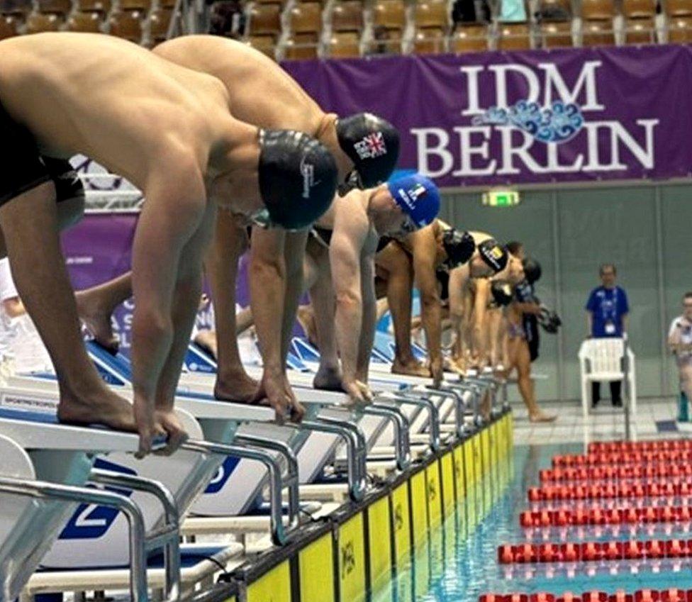 Sam Downie on the starting block ready to swim in the IDM World Swimming Championships in Berlin