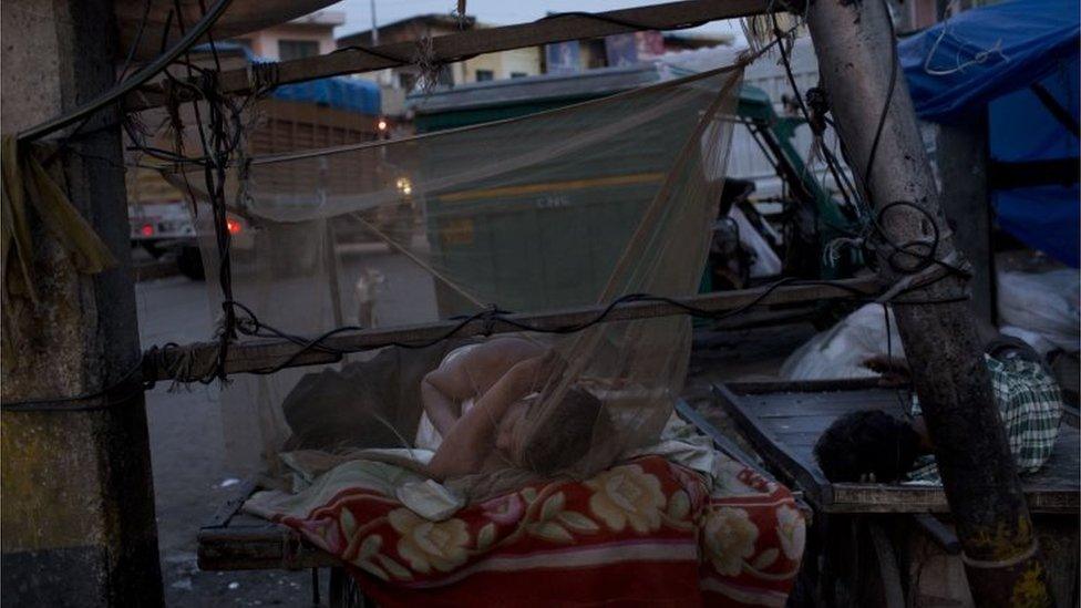 An Indian homeless man sleeps under a net to protect himself from mosquitoes in New Delhi, India, Tuesday, Sept. 22,