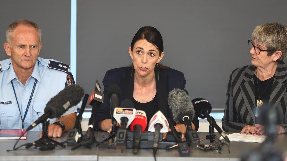 New Zealand PM Jacinda Ardern give a press conference with Police Sup Bruce Bird and Whakatane mayor Judy Turner