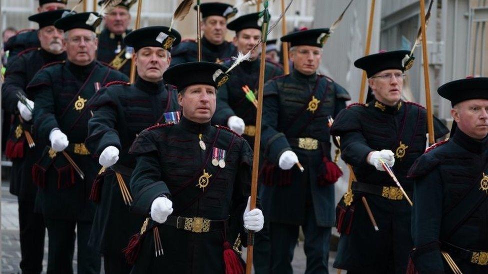 Royal Archers arrive at the Scottish Parliament in Edinburgh.