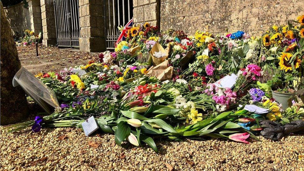 Flowers laid outside Highgrove House in Gloucestershire