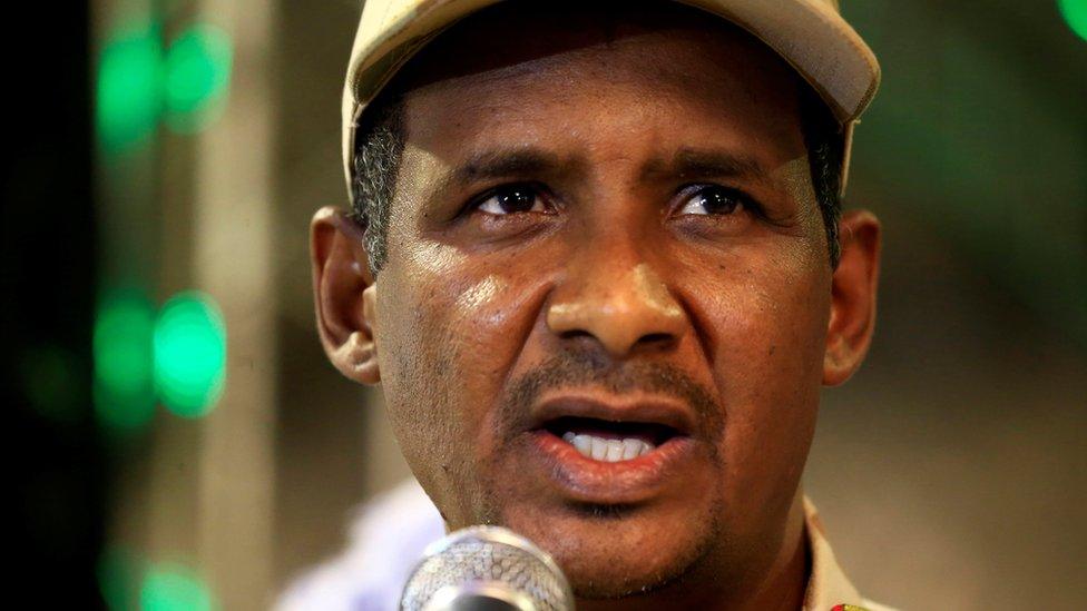 General Mohamed Hamdan Dagalo, head of the Rapid Support Forces (RSF) and deputy head of the Transitional Military Council (TMC), delivers an address after the Ramadan prayers and Iftar in Khartoum, Sudan in May 2019