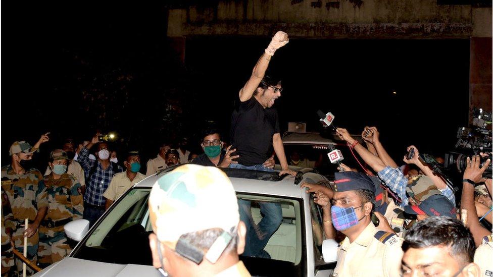 Republic TV Editor-in-Chief Arnab Goswami gestures to his supporters after being released from Taloja Central Prison in 2018 Suicide abetment case at Kharghar on November 11, 2020 in Navi Mumbai