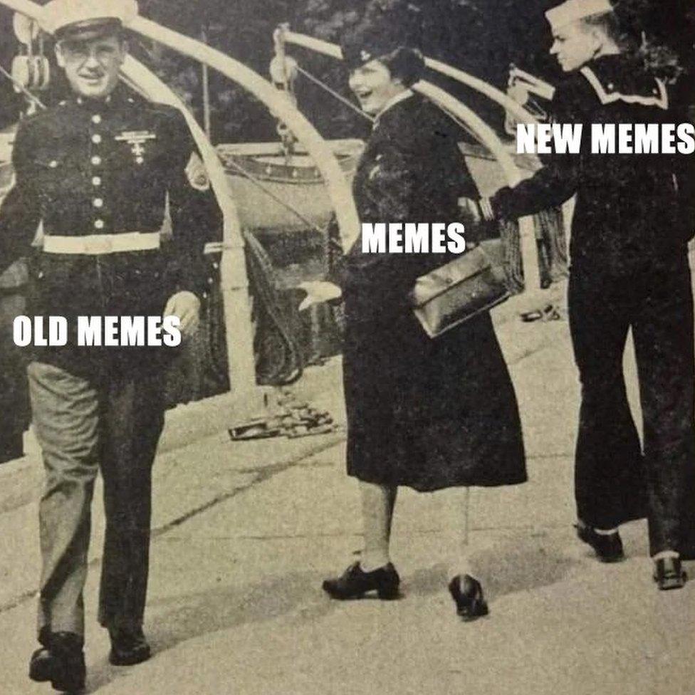 The image described above. In this case, the dapper man his 'old memes' written on him, the woman has 'memes' and the navy man has 'new memes'