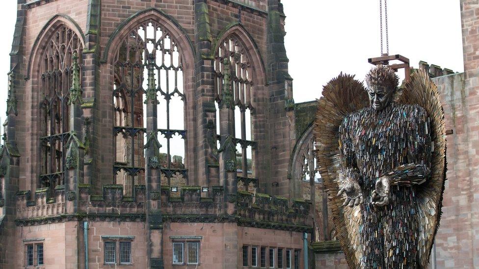 Knife Angel sculpture, made of 100,000 confiscated knives, is installed at Coventry Cathedral