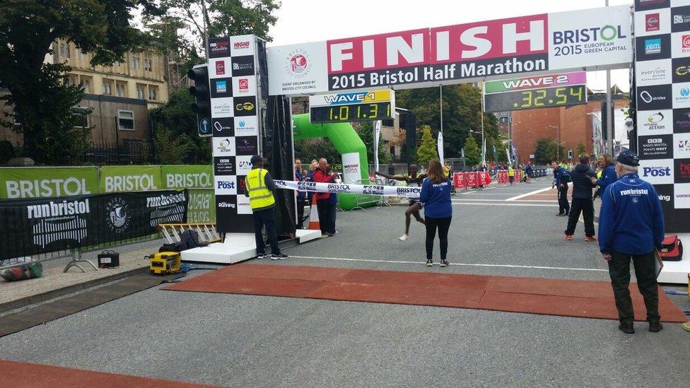 Kenyan Moris Muene winning Bristol Half Marathon 2015