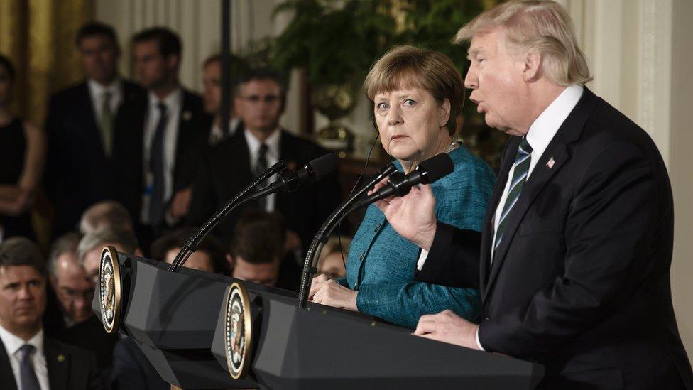 US President Donald J. Trump (R) and German Chancellor Angela Merkel (L) speak during a joint news conference in the East Room of the White House in Washington, DC, USA, 17 March 2017.