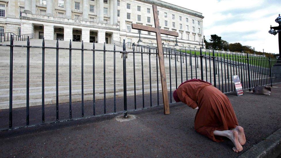 Anti-abortion activist outside Stormont in Belfast