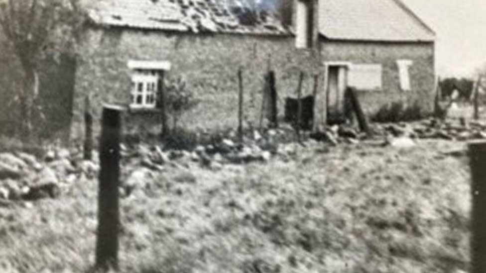 Barn at Le Paradis after massacre, 1940