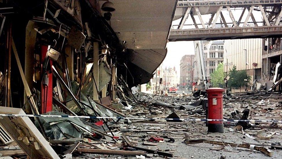 Aftermath scene near the bomb-damaged Arndale Centre