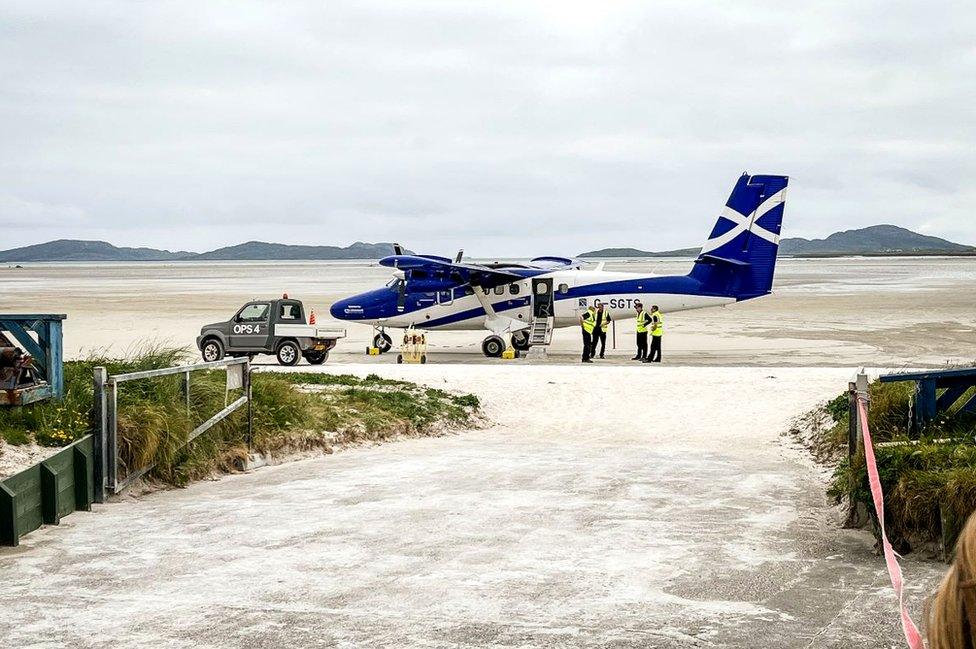 The Barra plane on its runway (Traigh Mhòr beach)