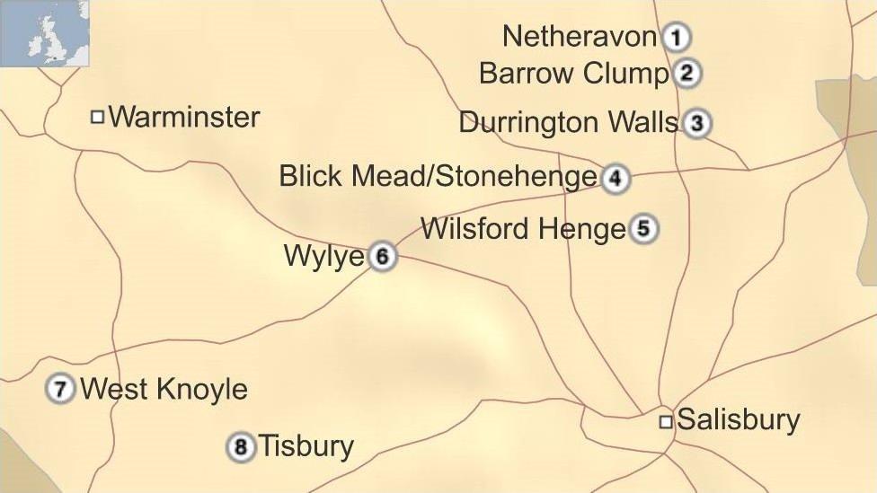 Map of archaeological sites in Wiltshire