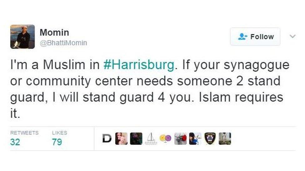 Tweet reads: I'm a Muslim in #Harrisburg. If your synagogue or community center needs someone 2 stand guard, I will stand guard 4 you. Islam requires it.