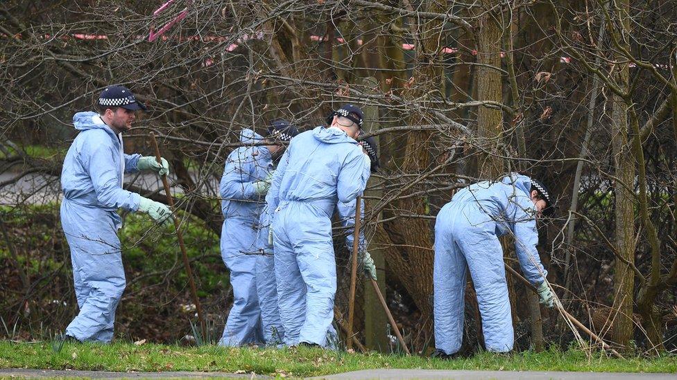 Forensic officers by trees near crime scene