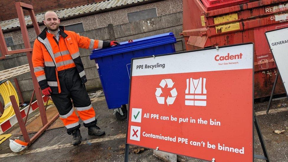 Connor Weaver and a PPE bin