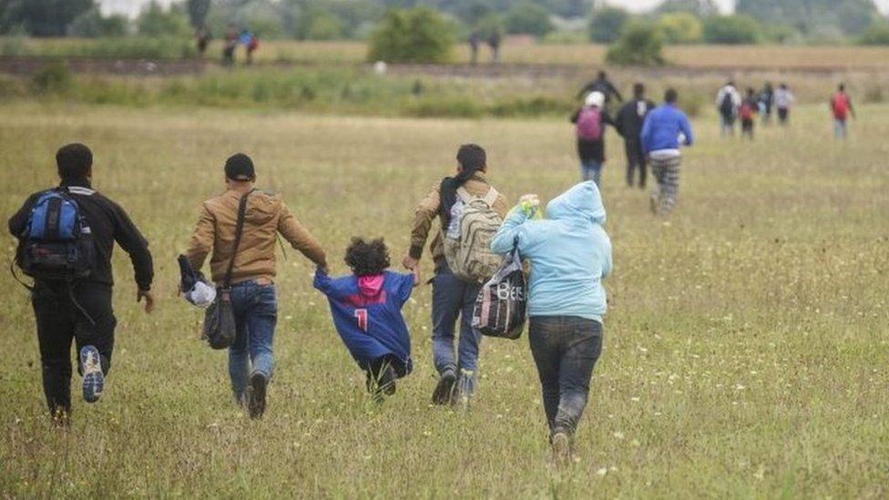 Migrants flee across a field near a railway line after crawling under razor wire fencing at the border between Hungary and Serbia (26 August 2015)