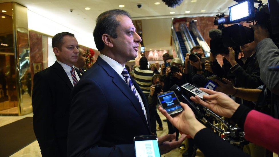 Preet Bharara speaking to reporters