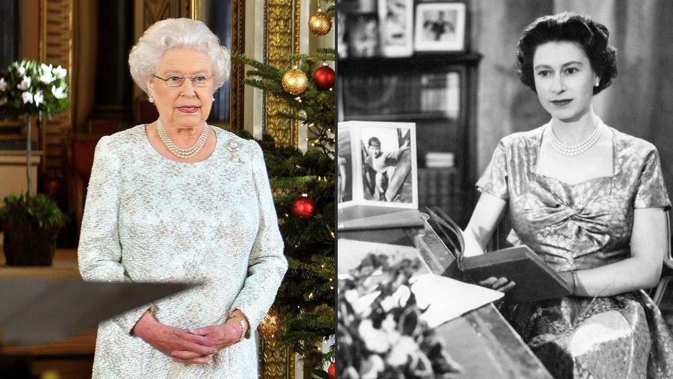 Two pictures of the Queen delivering her Christmas message.