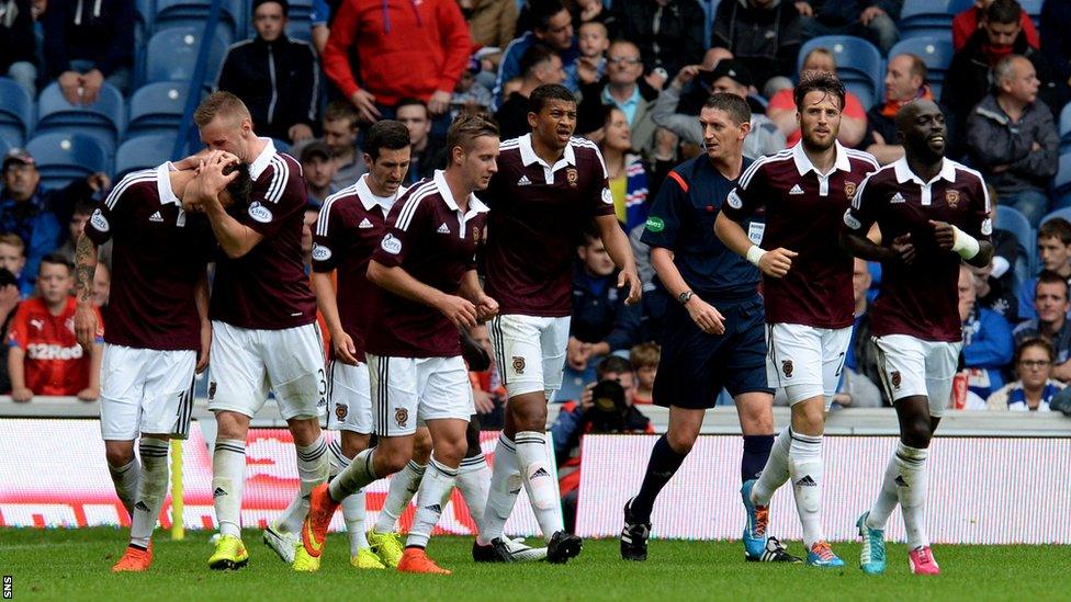 Hearts celebrate Osman Sow's winner against Rangers