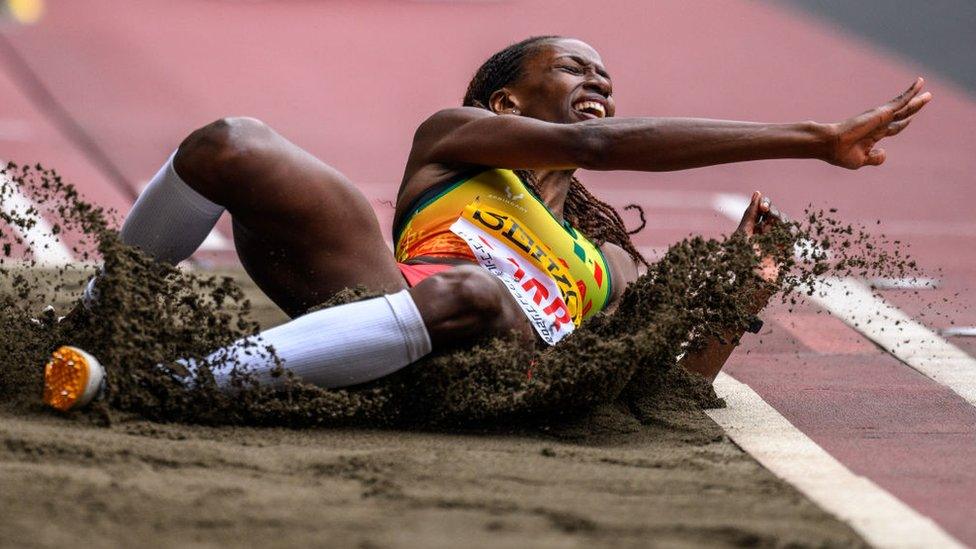 Senegal's Saly Sarr competes in women's triple jump during the Golden Grand Prix Japan at the National Stadium in Tokyo on May 19, 2024