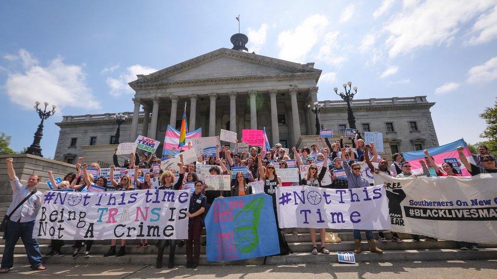 The Trans Student Alliance at University of Southern Carolina holds a rally and news conference at the state Capitol