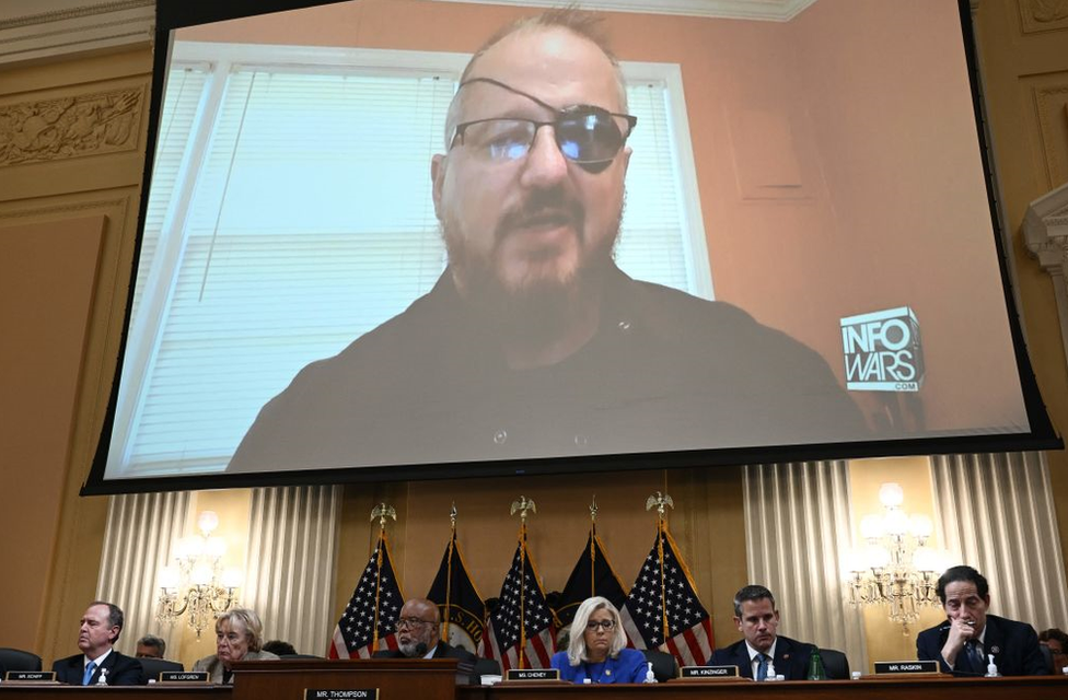 A clip of Oath Keepers founder Stewart Rhodes was shown to a Congressional committee investigating the 6 January attack