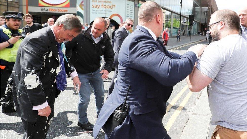 Nigel Farage hit by milkshake in Newcastle