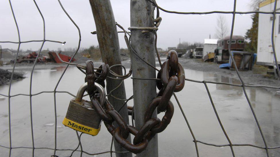 Padlock at the gate of Pickton's farm