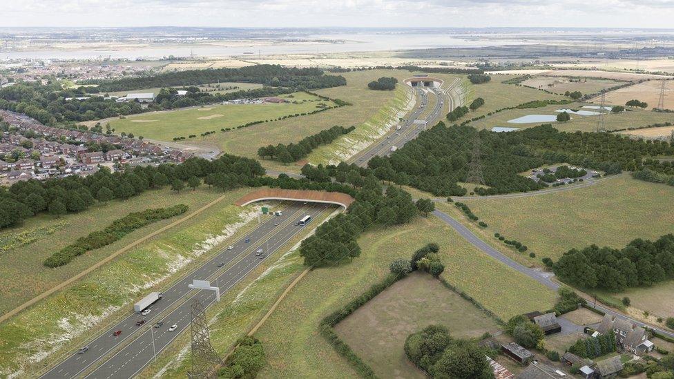 Artist's impression of the south side of the river and tunnel entrance, with a green bridge linking Gravesend and Thong