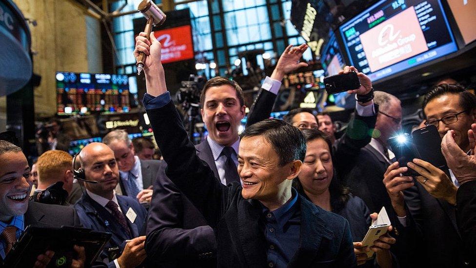 Alibaba stock goes live during the company's initial price offering at the New York Stock Exchange on September 19, 2014.