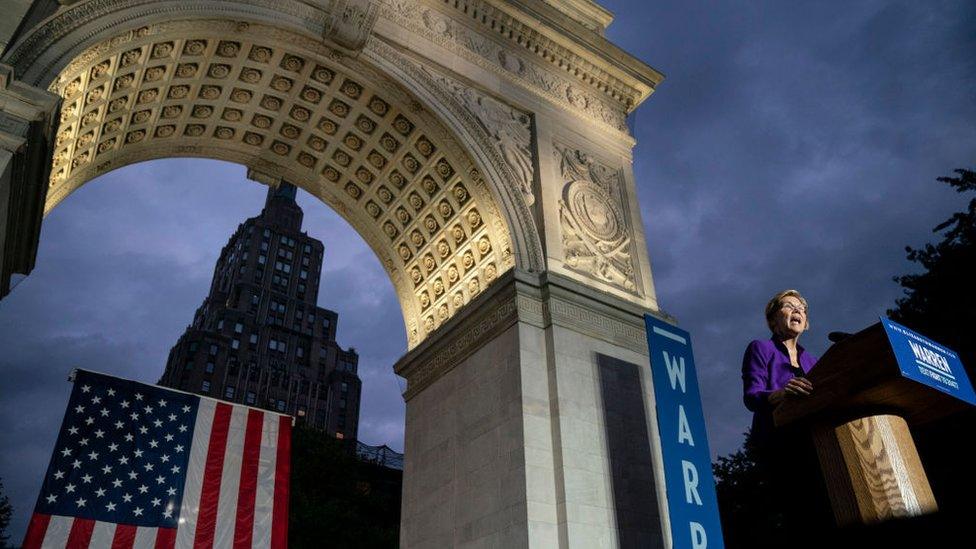 2020 Democratic presidential candidate Elizabeth Warren speaks during a rally in Washington Square Park on 16 September, 2019