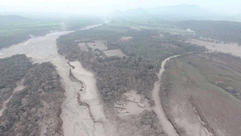 Aerial view of the aftermath of a volcano eruption in Escuintla, Guatemala, is seen in this picture obtained June 4, 2018 from social media.