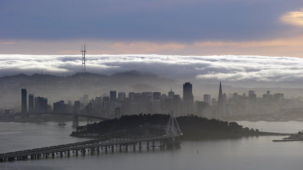 A blanket of fog covers the San Francisco skyline in a view from the Berkeley Hills