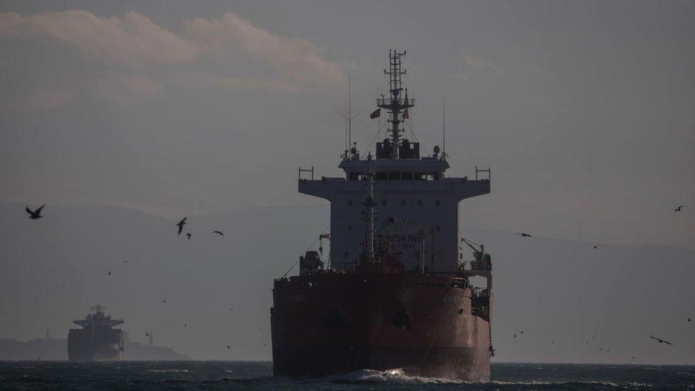 Cargo ships wait to enter the Bosphorus on January 17, 2018 in Istanbul, Turkey